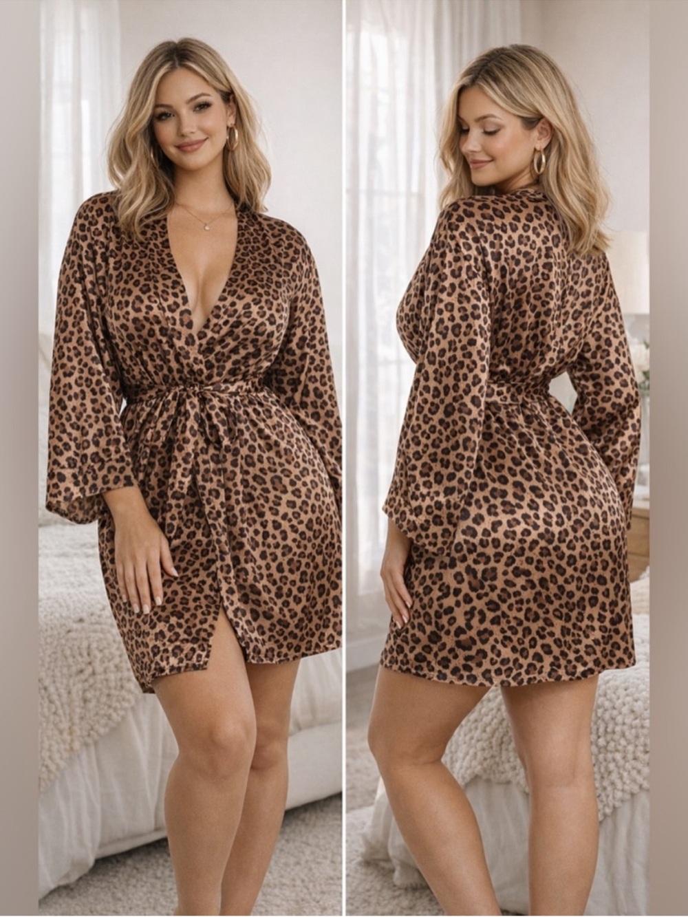 Morgan Taylor Intimates Leopard Print "Silk" Robe w Pockets Sz M w MEASUREMENTS